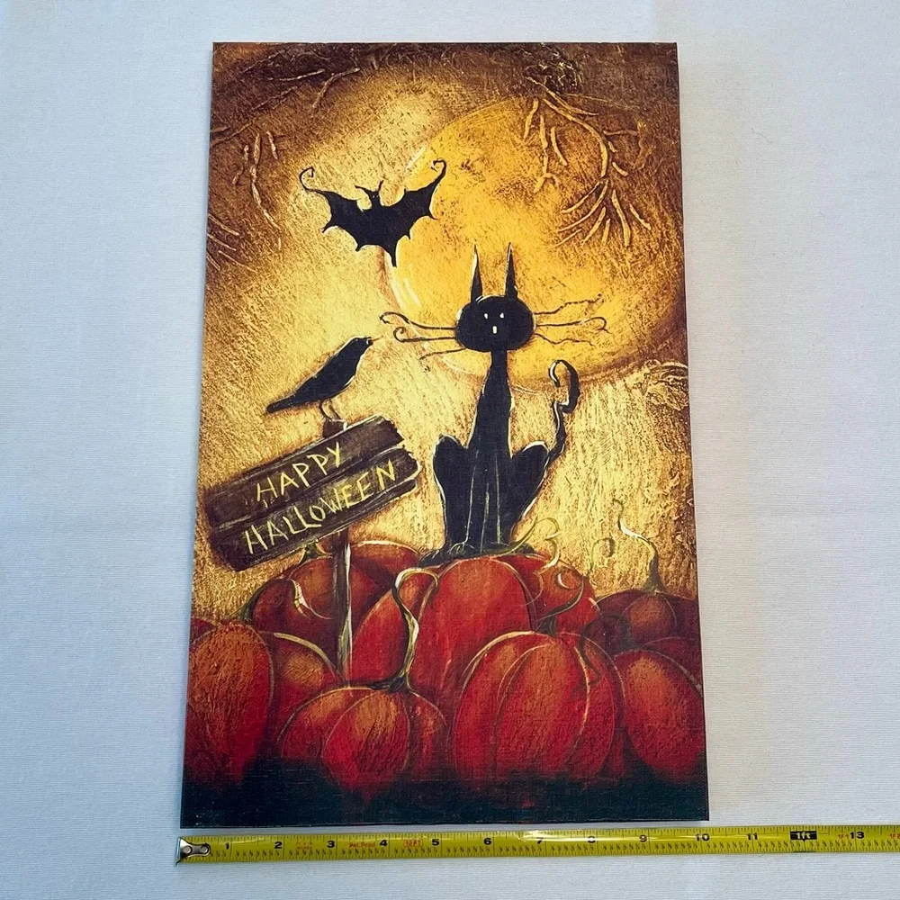 Happy Halloween New Canvas Hanging Wall Picture Art Old Word Spooky Cat Bat Crow